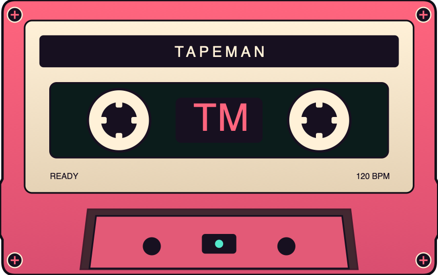 The TapeMan cassette: a pink shell with a cream label reading TAPEMAN, twin reels, and a TM tape window.